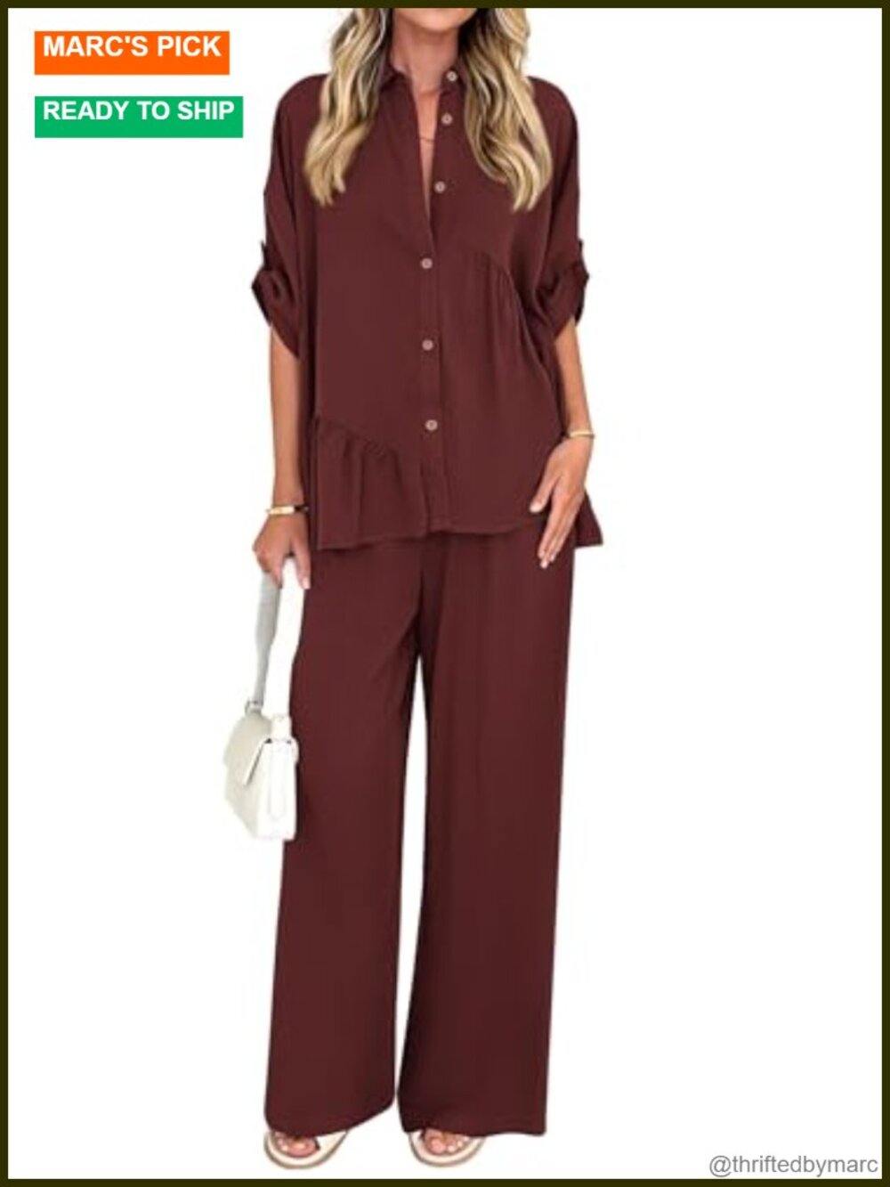 Two Piece Pants Set Wide Leg Button Down Shirt Casual Dressy